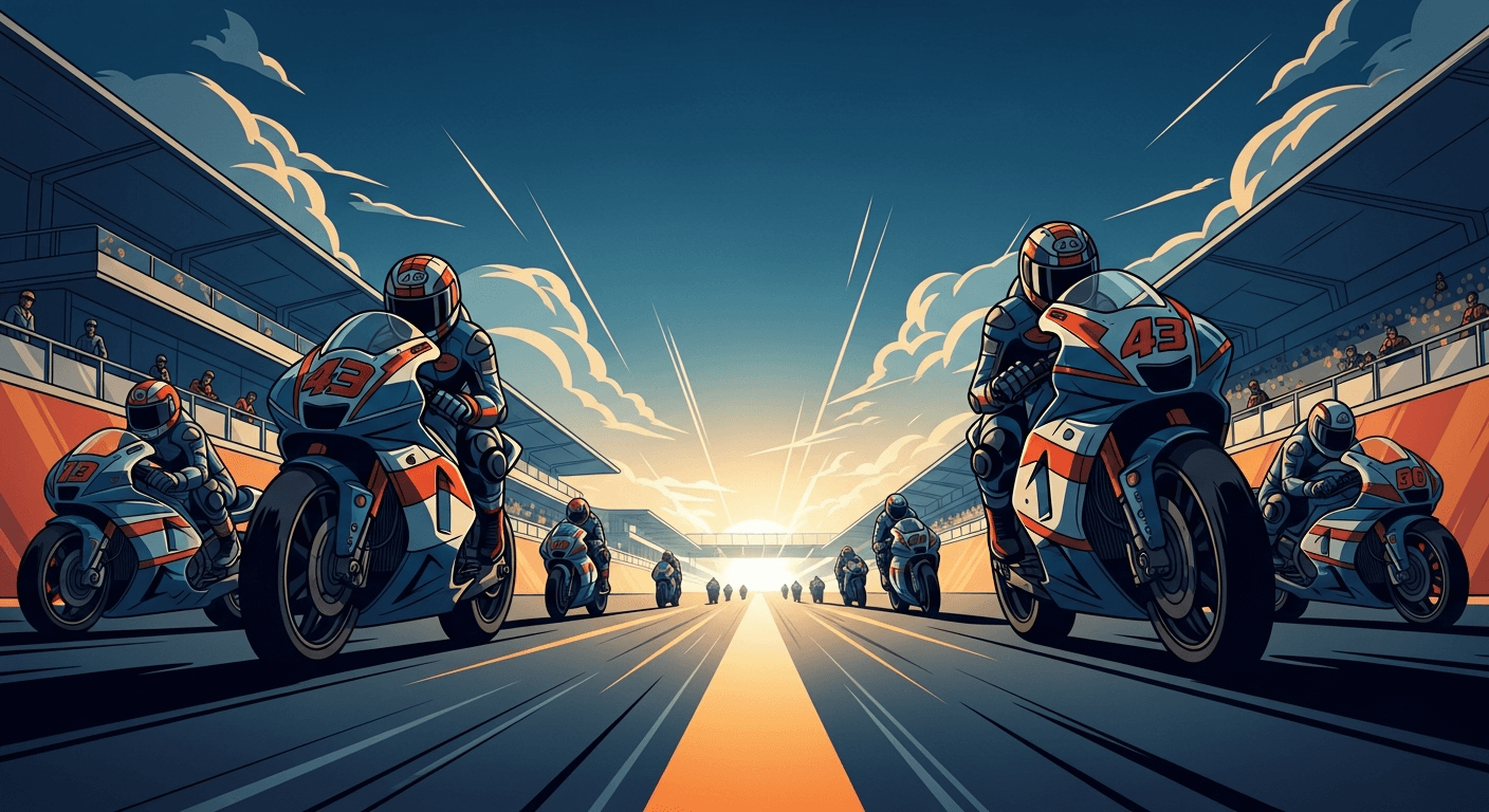 Motorcycles racing on a grand circuit at sunrise — Track-Daze